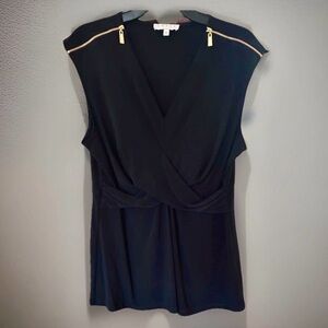 CHAUS New York Black Sleeveless Wrap Blouse with Gold Zipper Shoulder Accents